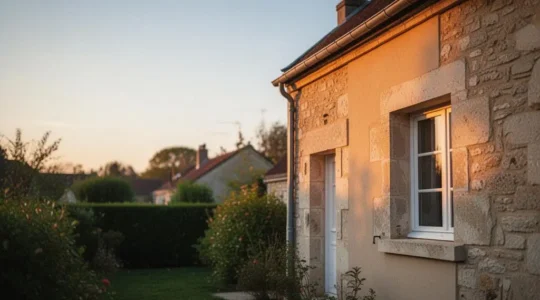 Maison familiale rénovée énergétiquement, mise en valeur par une lumière chaude suggérant une plus-value immobilière