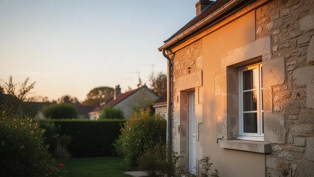 Maison familiale rénovée énergétiquement, mise en valeur par une lumière chaude suggérant une plus-value immobilière