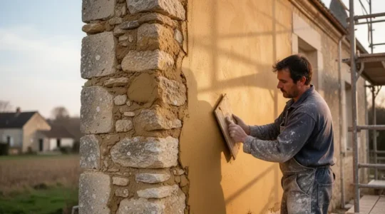 Façade en pierre d'une maison ancienne de 1850 en cours de rénovation à la chaux, matériaux d'origine préservés