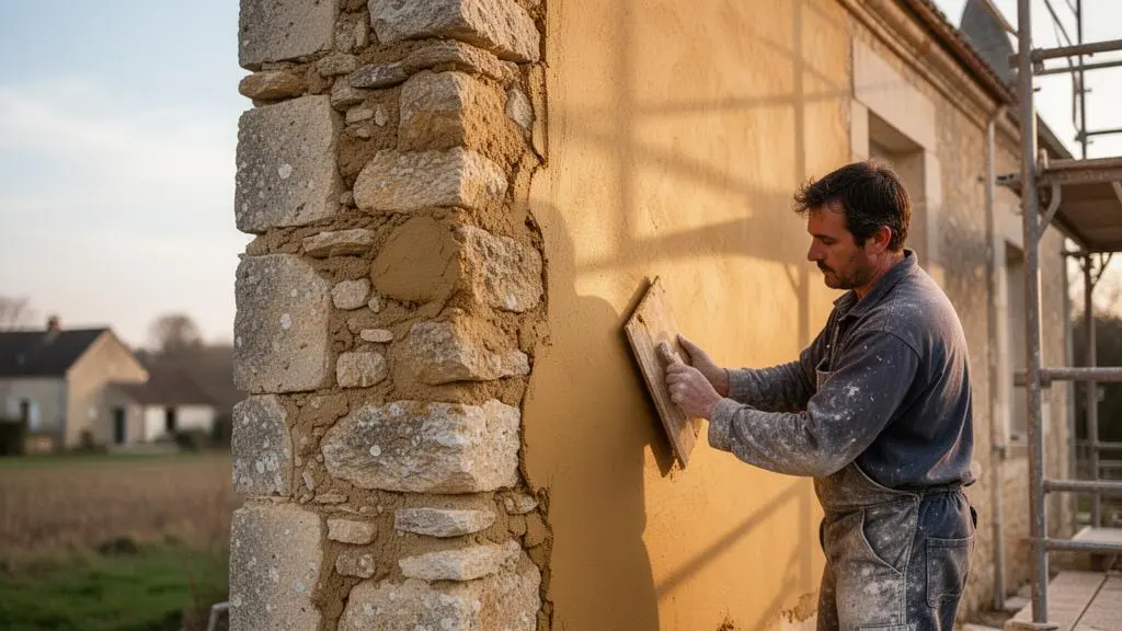 Façade en pierre d'une maison ancienne de 1850 en cours de rénovation à la chaux, matériaux d'origine préservés