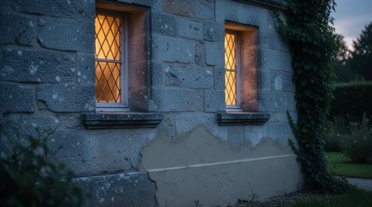 Facade en pierre d'une maison de 1930 en cours de renovation thermique respectueuse de son caractere d'origine