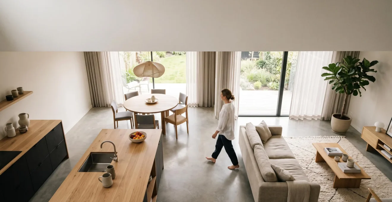 Vue aérienne minimaliste d'un intérieur de maison montrant des zones de vie fluides et connectées
