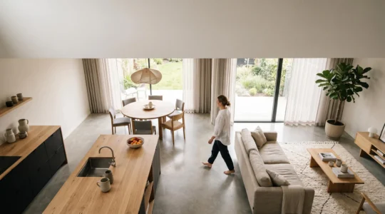 Vue aérienne minimaliste d'un intérieur de maison montrant des zones de vie fluides et connectées