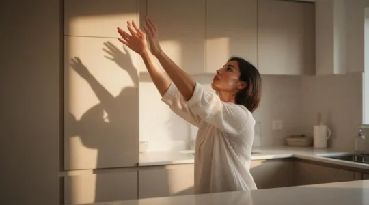 Personne se déplaçant avec fluidité dans une cuisine lumineuse et bien organisée, symbolisant un gain de temps quotidien