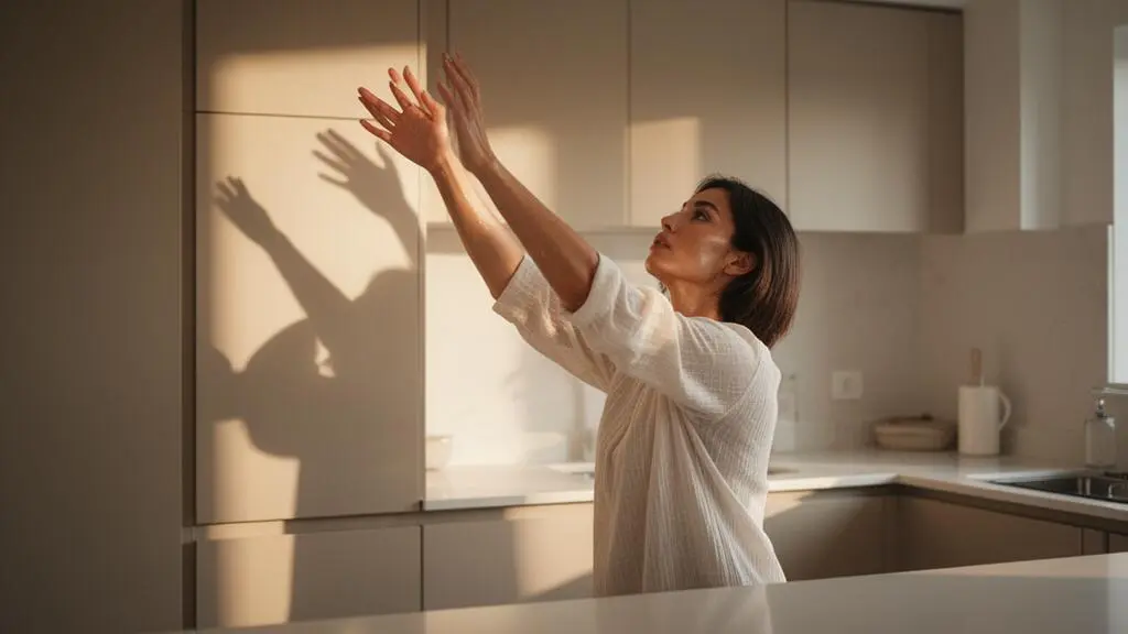 Personne se déplaçant avec fluidité dans une cuisine lumineuse et bien organisée, symbolisant un gain de temps quotidien