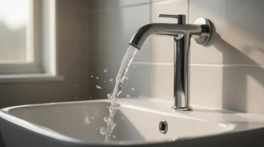 Robinet moderne de salle de bain avec un filet d'eau élégant symbolisant les économies d'eau réalisées sans effort au quotidien