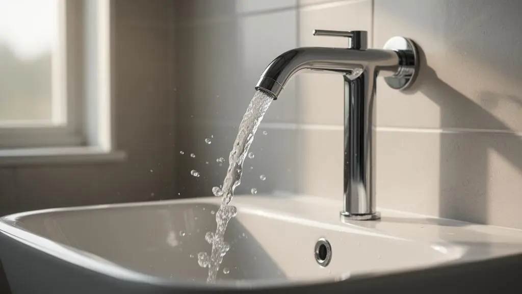 Robinet moderne de salle de bain avec un filet d'eau élégant symbolisant les économies d'eau réalisées sans effort au quotidien