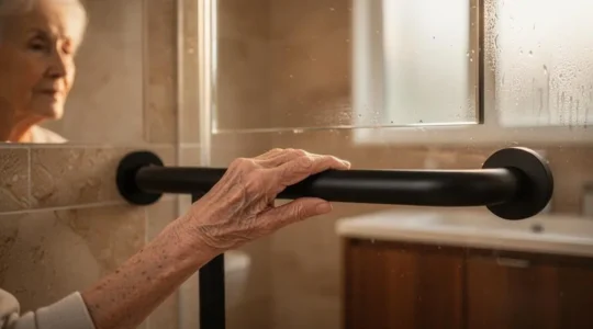 Salle de bain moderne et chaleureuse avec une barre d'appui design utilisee par une personne agee, illustrant une securite discrete sans aspect medicalise