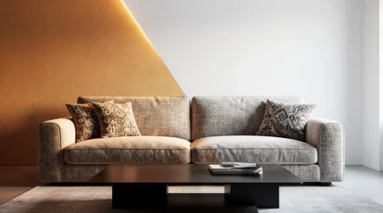 Salon chaleureux dont l'ambiance change grace a une lumiere passant du dore au bleute
