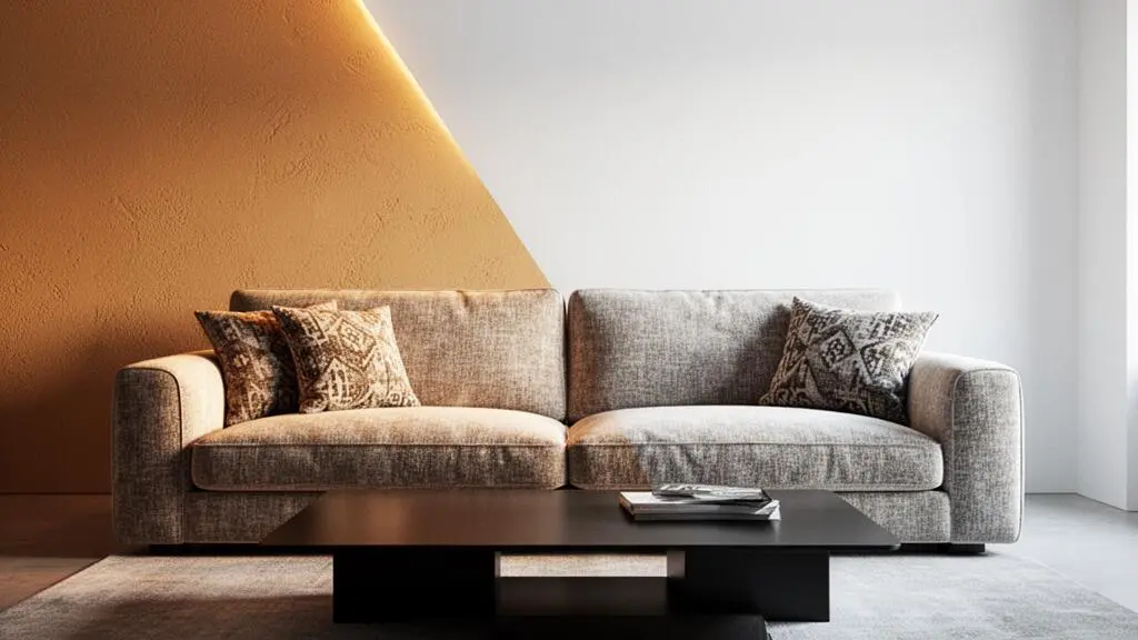 Salon chaleureux dont l'ambiance change grace a une lumiere passant du dore au bleute