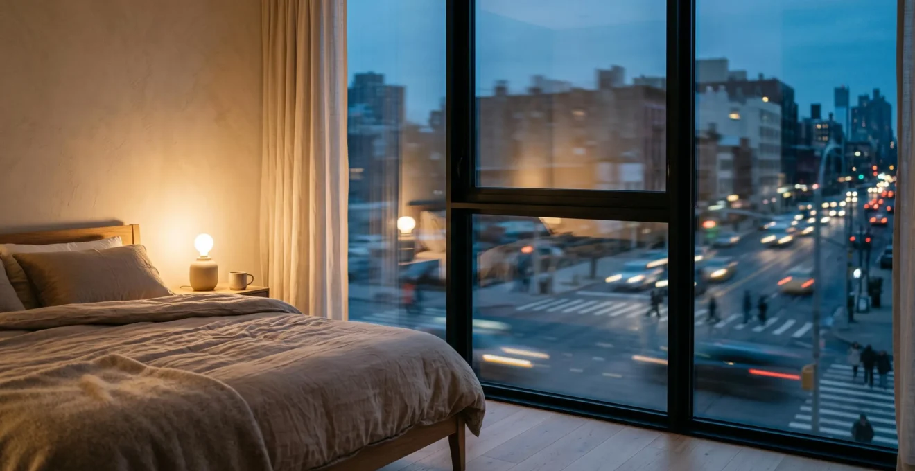 Chambre calme et lumineuse avec une fenêtre isolée donnant sur une rue passante et animée en arrière-plan flou