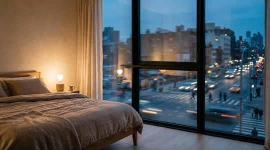 Chambre calme et lumineuse avec une fenêtre isolée donnant sur une rue passante et animée en arrière-plan flou