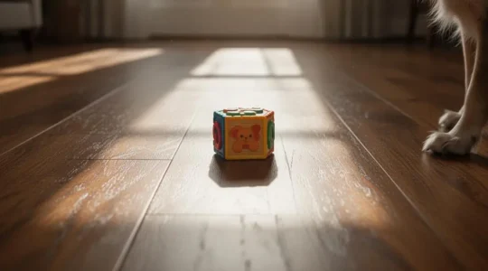 Sol intérieur résistant et intemporel dans un salon familial, avec des indices discrets de vie quotidienne d'enfants et de chien