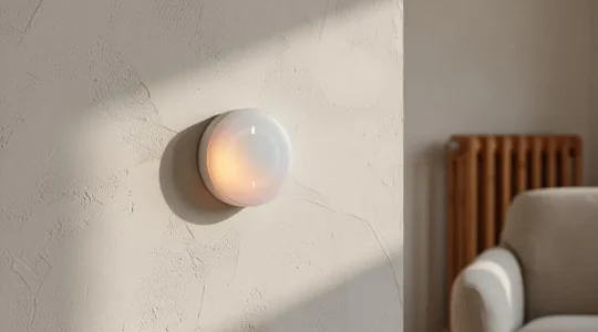Thermostat connecté au design épuré fixé sur un mur clair dans un salon lumineux, symbolisant la maîtrise du chauffage
