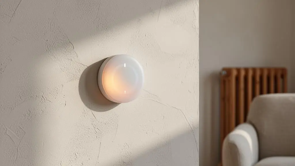 Thermostat connecté au design épuré fixé sur un mur clair dans un salon lumineux, symbolisant la maîtrise du chauffage