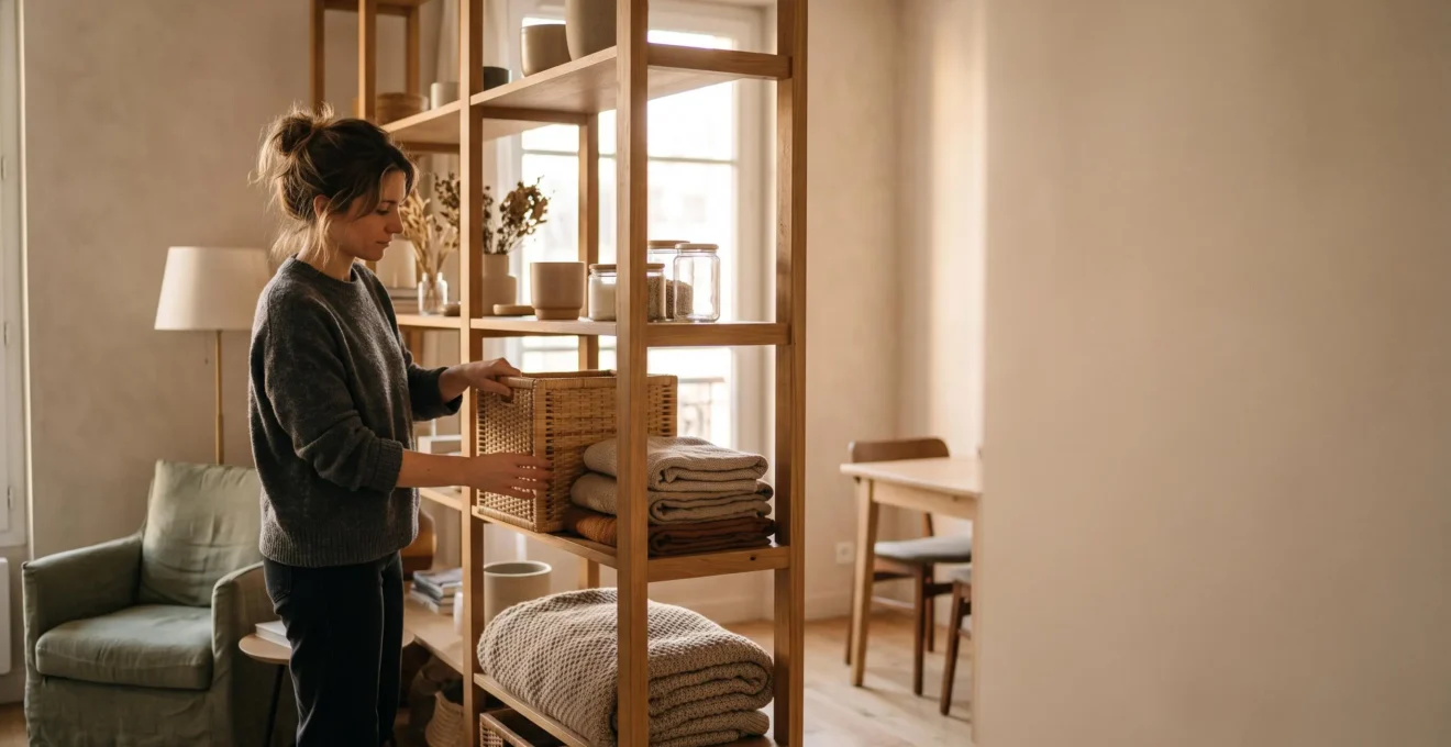 Intérieur lumineux d'un appartement français réaménagé avec un coin bureau intégré et un salon convivial, symbolisant l'adaptation du logement aux besoins du quotidien.