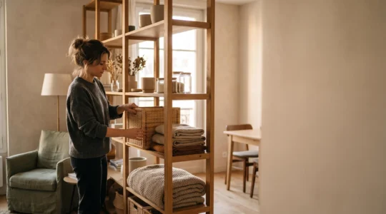 Intérieur lumineux d'un appartement français réaménagé avec un coin bureau intégré et un salon convivial, symbolisant l'adaptation du logement aux besoins du quotidien.