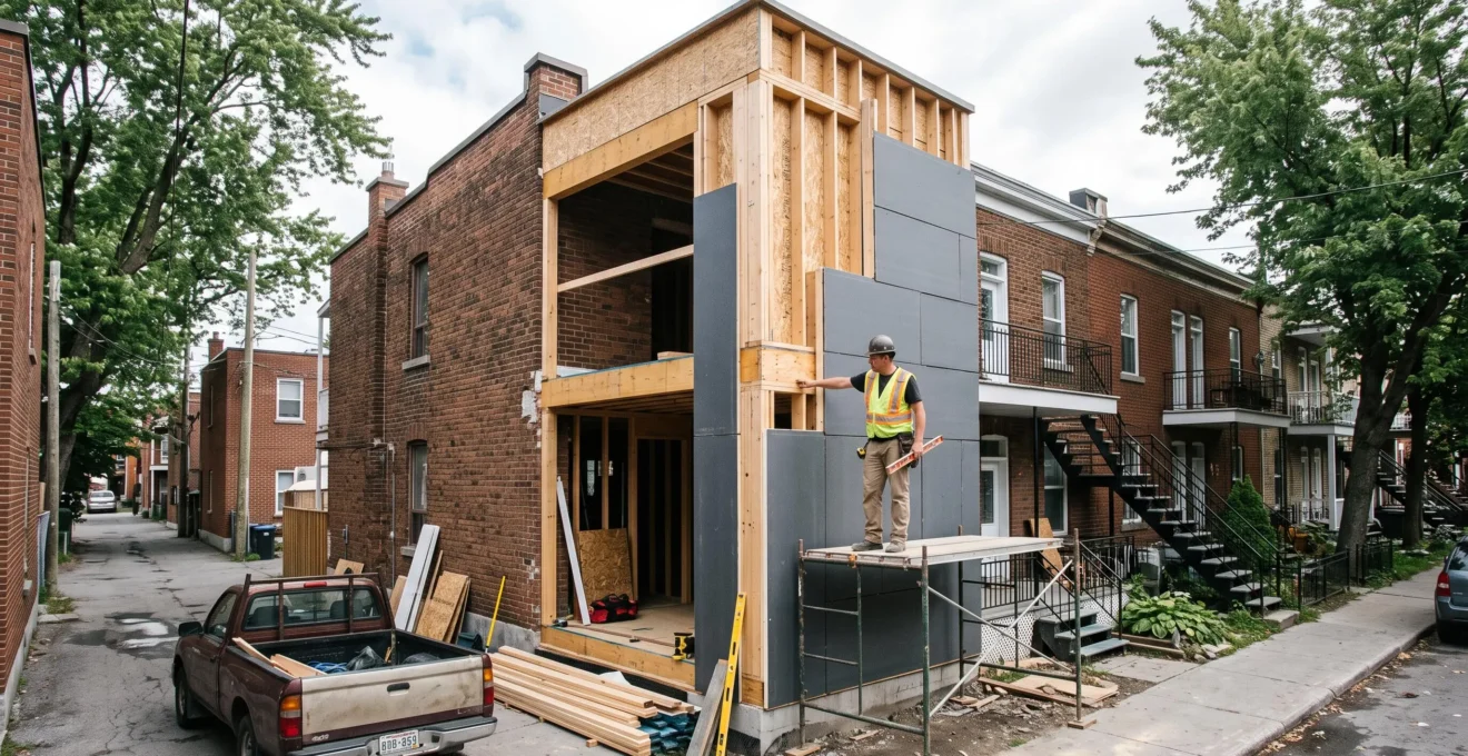 Agrandissement de maison en construction sur un duplex en brique typique de Montréal, montrant l'intégration harmonieuse entre l'architecture existante et la nouvelle structure