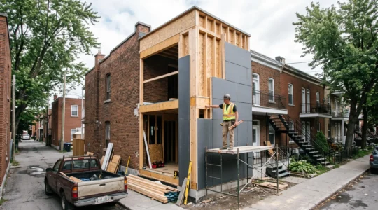 Agrandissement de maison en construction sur un duplex en brique typique de Montréal, montrant l'intégration harmonieuse entre l'architecture existante et la nouvelle structure