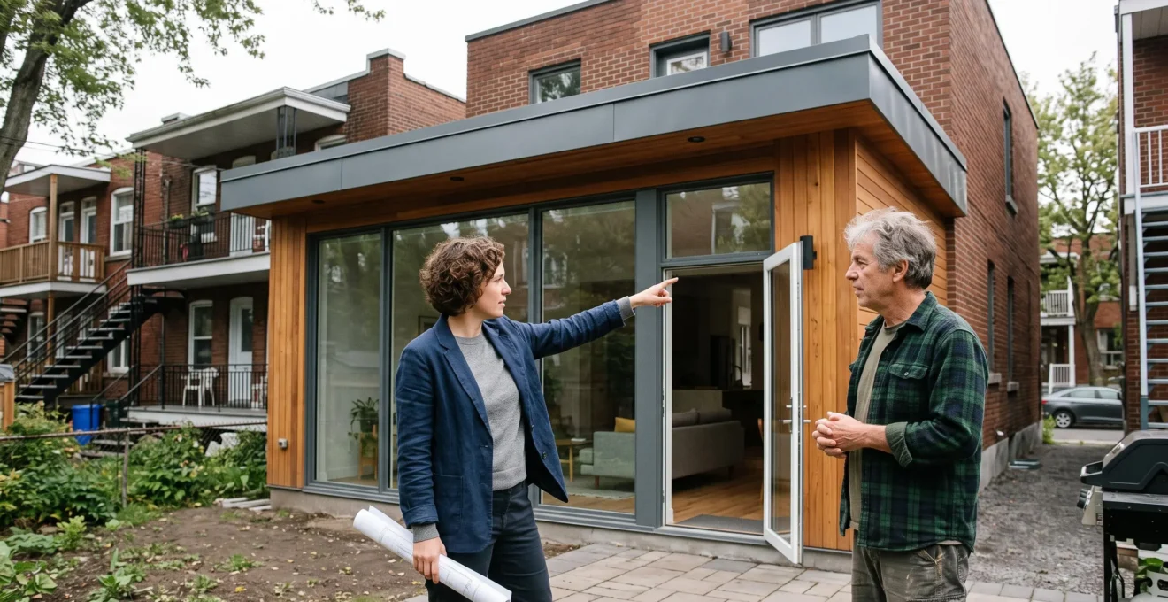 Architecte et propriétaire inspectant ensemble un agrandissement résidentiel complété à Montréal, examinant l'intégration fonctionnelle et esthétique