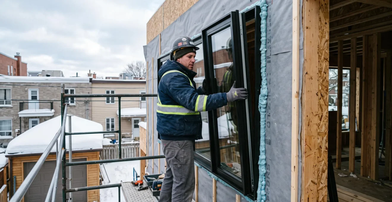 Technicien installant une fenêtre à triple vitrage haute performance dans un agrandissement résidentiel montréalais en conditions hivernales