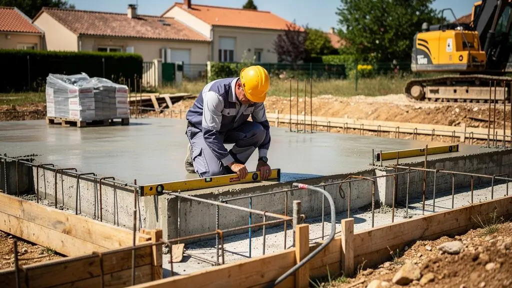 Chantier de construction avec fondations en béton et ouvrier travaillant sur un terrain à Périgueux
