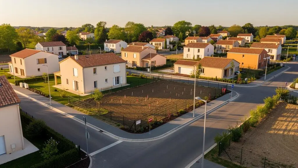 Vue d'ensemble d'un lotissement résidentiel récent dans l'agglomération de Périgueux avec plusieurs parcelles constructibles et maisons individuelles