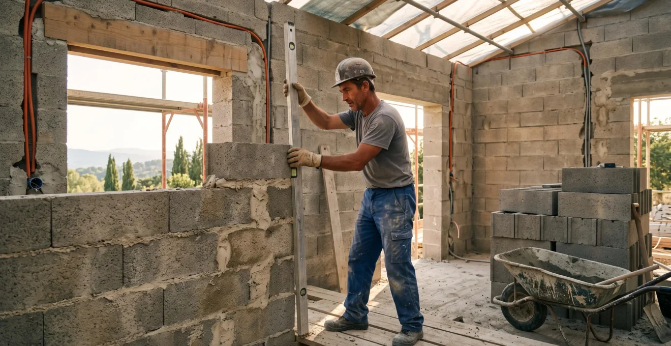 Un maçon contrôle la verticalité d'un mur en parpaings avec un niveau à bulles dans une maison en cours de construction.