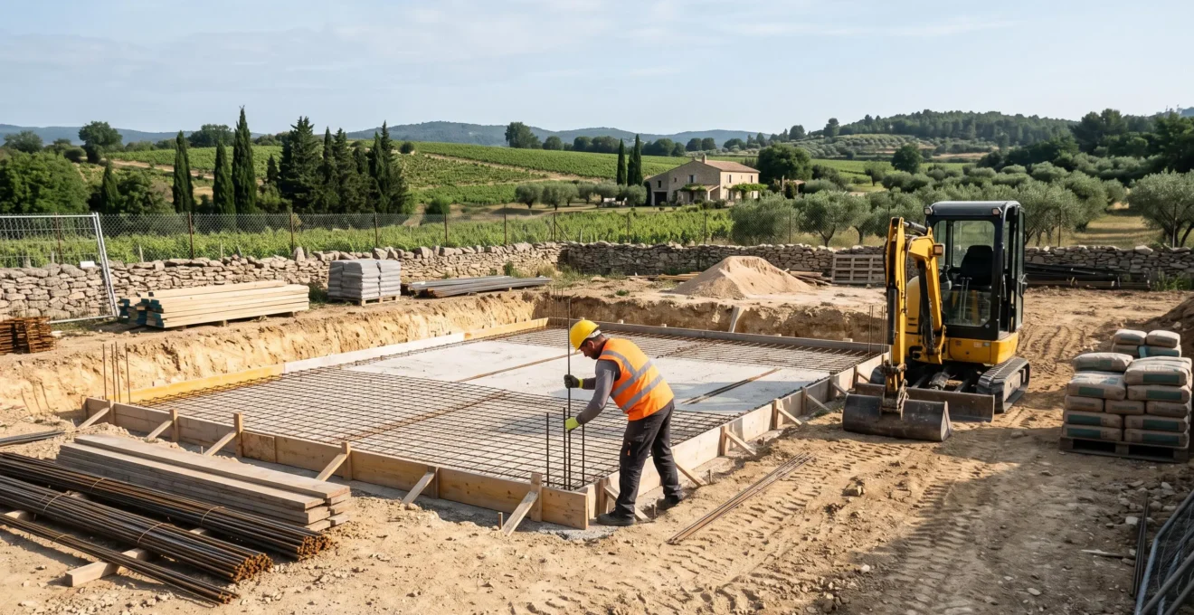 Un ouvrier installe une armature en acier sur une dalle de fondation d'une maison en construction dans la campagne vauclusienne.