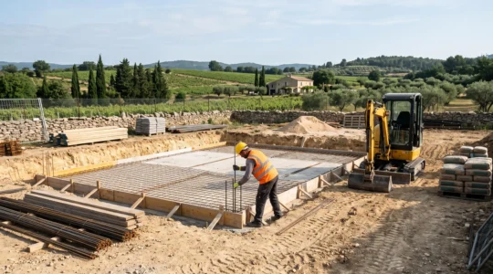 Un ouvrier installe une armature en acier sur une dalle de fondation d'une maison en construction dans la campagne vauclusienne.