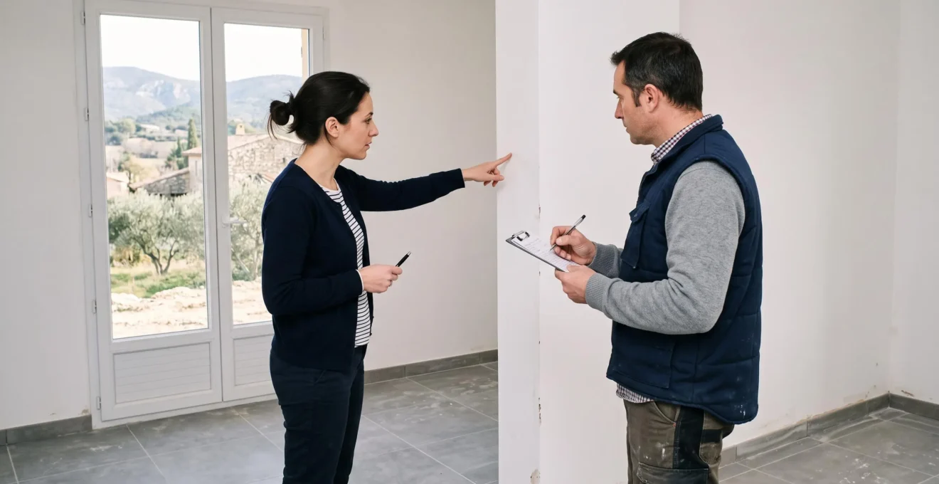 Un propriétaire et un représentant du constructeur relèvent ensemble des réserves lors de la réception d'une maison neuve.