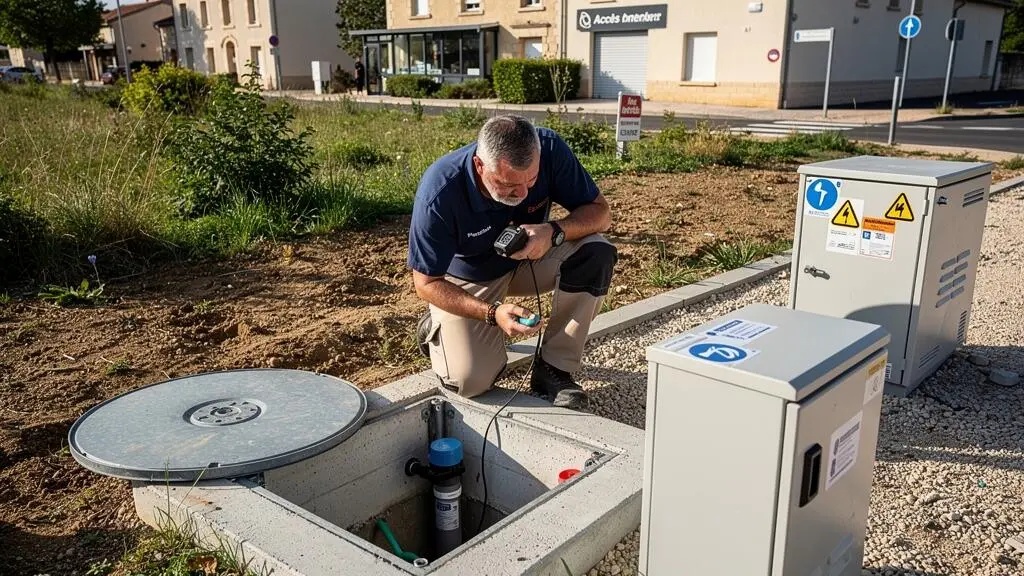 Technicien inspectant un regard de viabilisation et les équipements de raccordement au sol sur un terrain à Périgueux